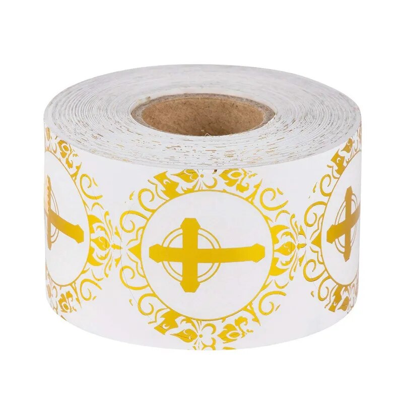 Christian Cross Envelope Seal Stickers ~ 1 inch Gilded Round ~ 50 / Roll