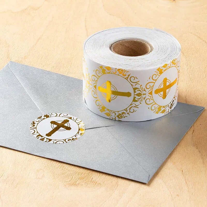 Christian Cross Envelope Seal Stickers ~ 1 inch Gilded Round ~ 50 / Roll