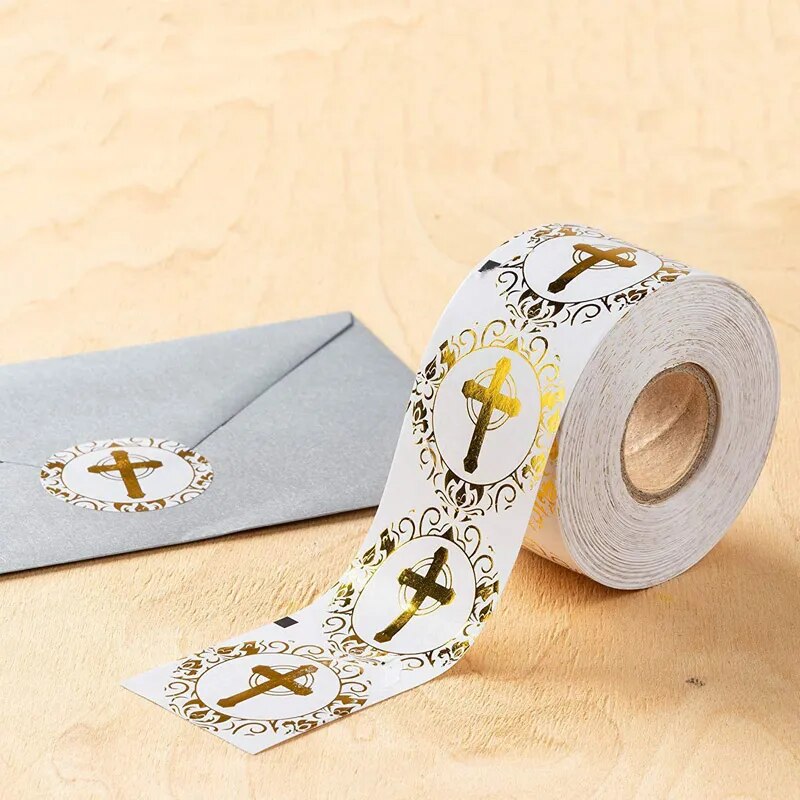 Christian Cross Envelope Seal Stickers ~ 1 inch Gilded Round ~ 50 / Roll