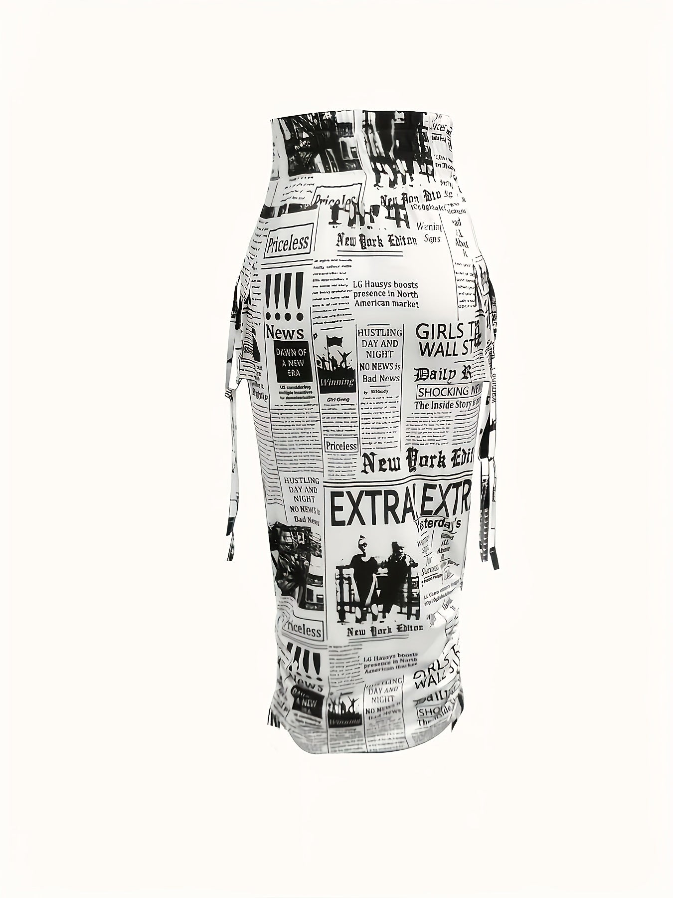 Women's High-Waisted Skirt with Newspaper Print Geometric Pattern